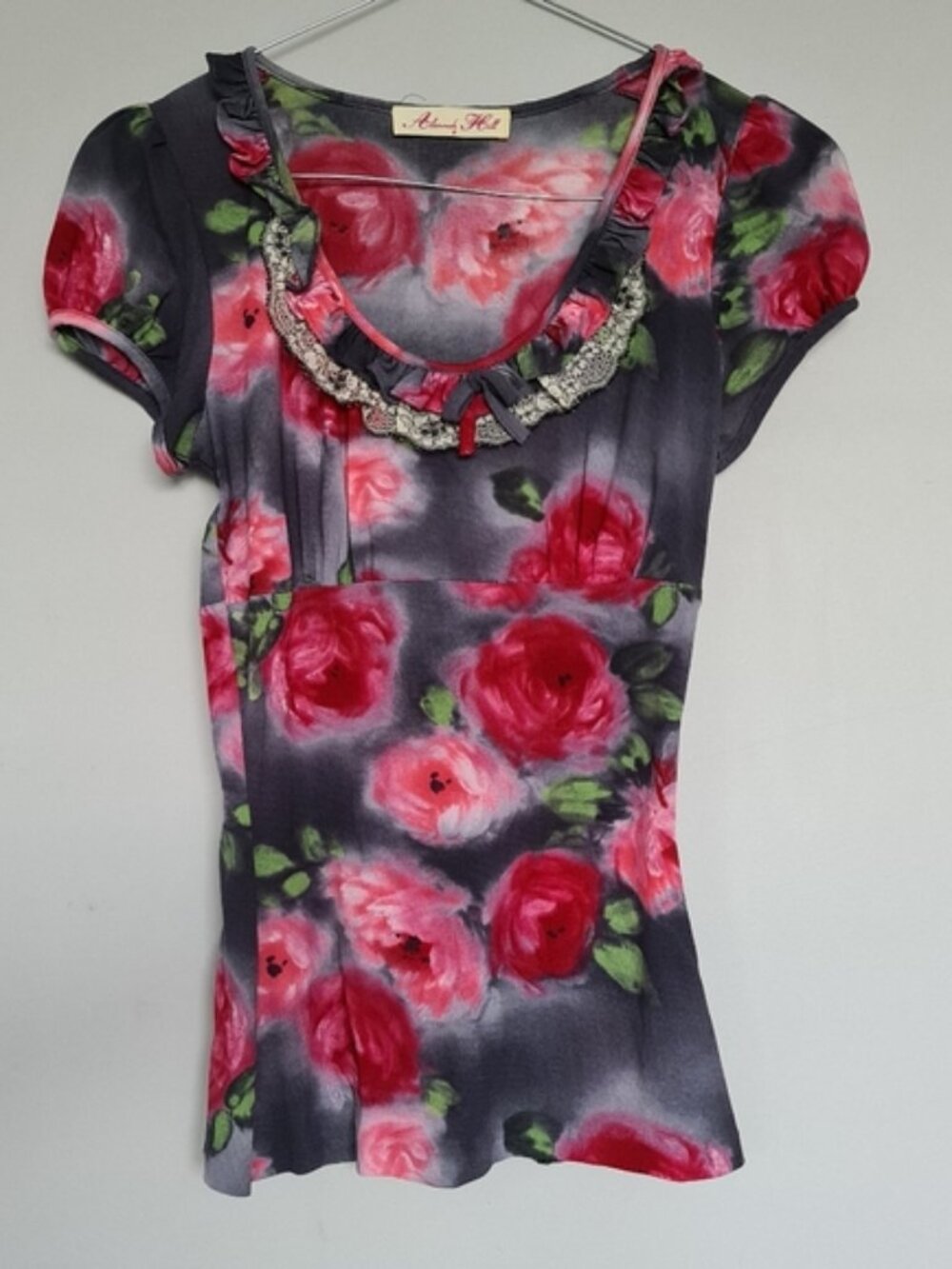 Alannah Hill Pink Red Floral Grey Top Shirt Blouse Frill